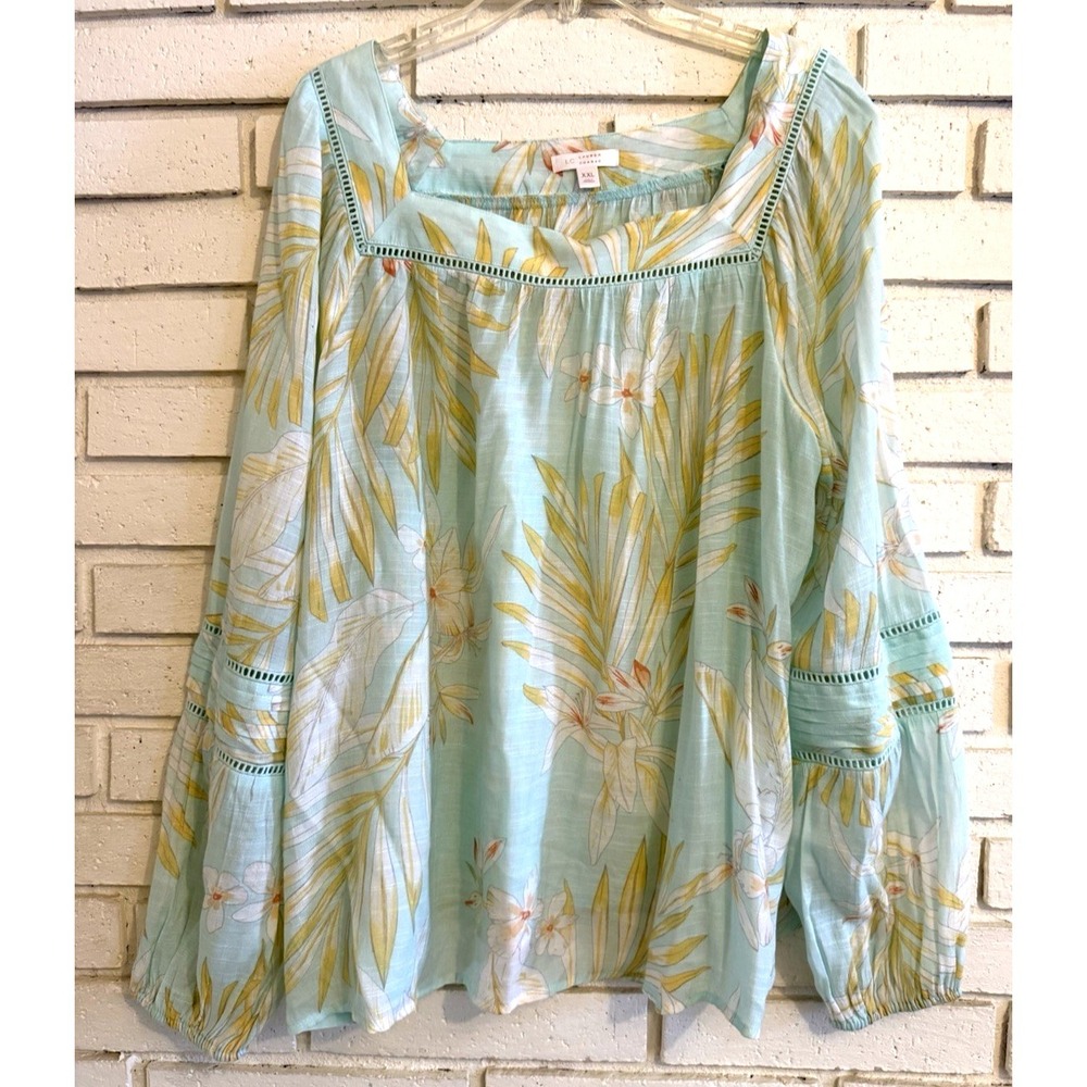 LC Lauren Conrad Square Neck Peasant Top Womens Sz XXL Green Floral Puff Sleeve